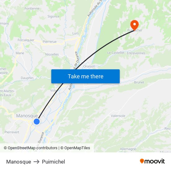 Manosque to Puimichel map