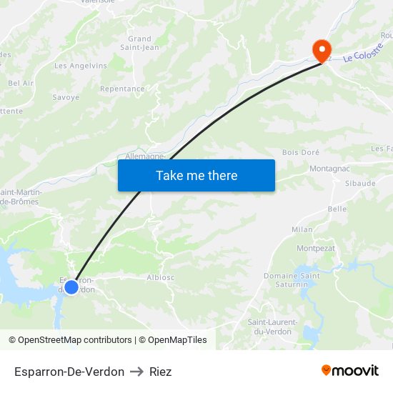 Esparron-De-Verdon to Riez map