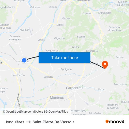 Jonquières to Saint-Pierre-De-Vassols map