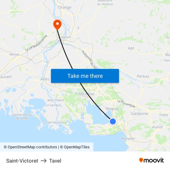 Saint-Victoret to Tavel map
