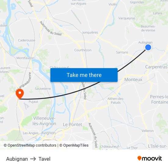 Aubignan to Tavel map