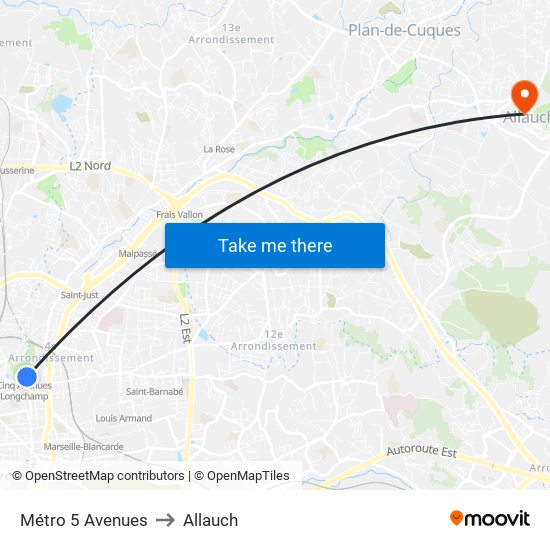 Métro 5 Avenues to Allauch map