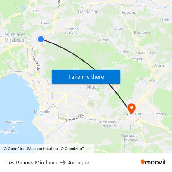 Les Pennes-Mirabeau to Aubagne map