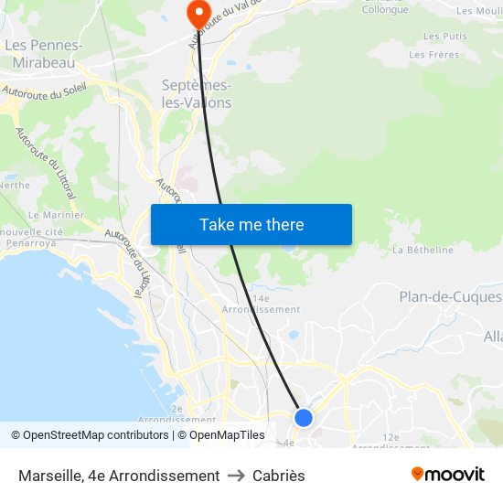 Marseille, 4e Arrondissement to Cabriès map