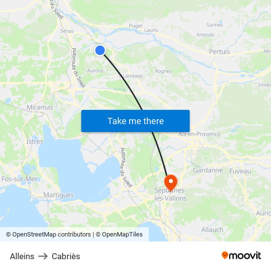 Alleins to Cabriès map