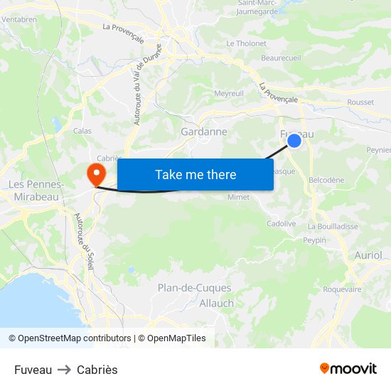Fuveau to Cabriès map