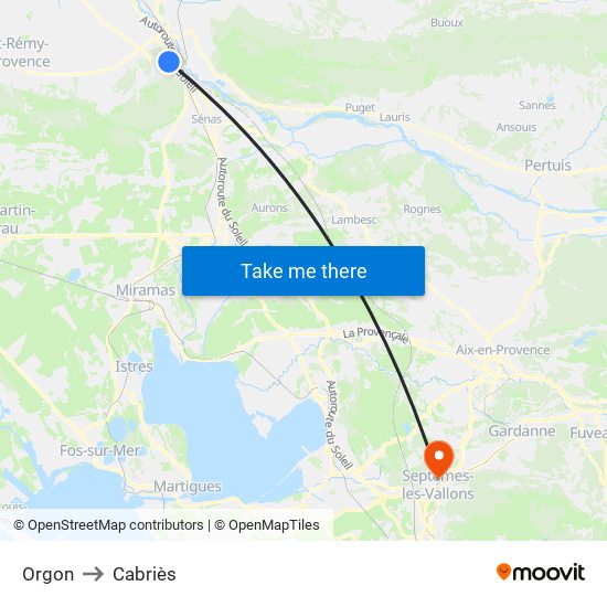 Orgon to Cabriès map