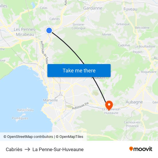 Cabriès to La Penne-Sur-Huveaune map