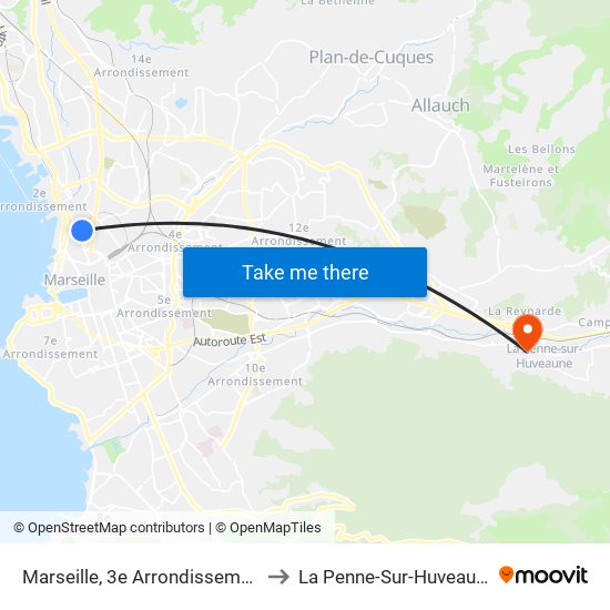 Marseille, 3e Arrondissement to La Penne-Sur-Huveaune map