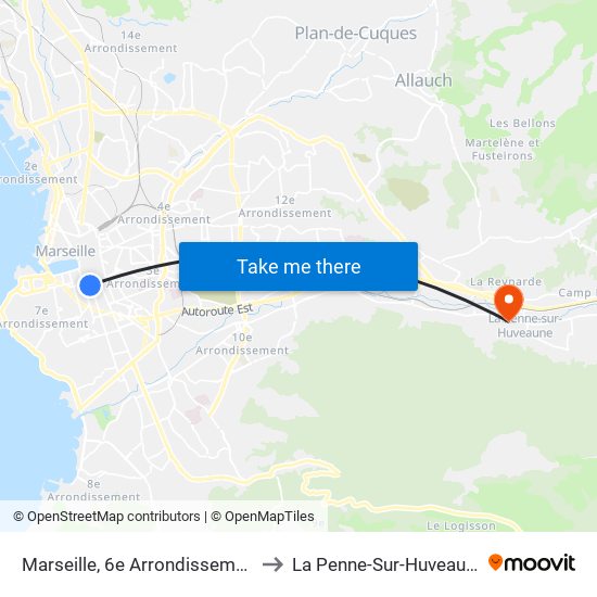 Marseille, 6e Arrondissement to La Penne-Sur-Huveaune map