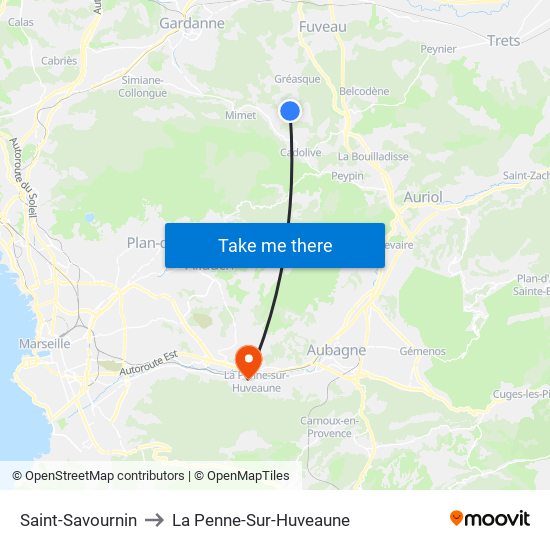 Saint-Savournin to La Penne-Sur-Huveaune map