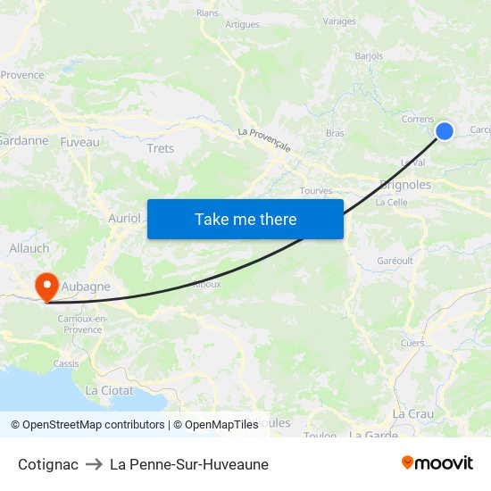 Cotignac to La Penne-Sur-Huveaune map