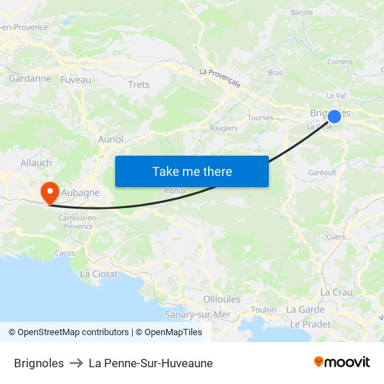 Brignoles to La Penne-Sur-Huveaune map