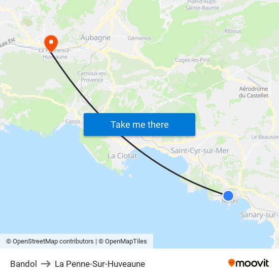 Bandol to La Penne-Sur-Huveaune map