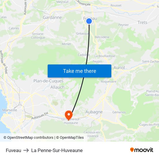 Fuveau to La Penne-Sur-Huveaune map