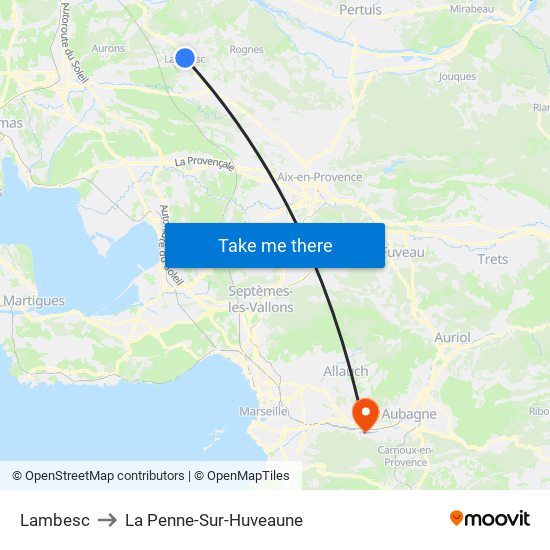 Lambesc to La Penne-Sur-Huveaune map