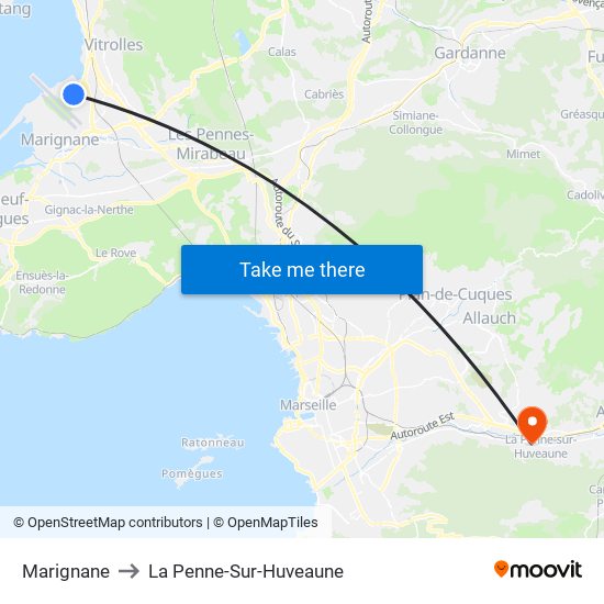 Marignane to La Penne-Sur-Huveaune map