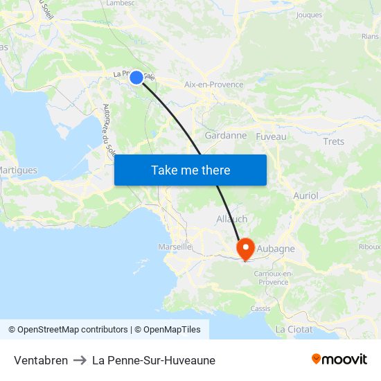 Ventabren to La Penne-Sur-Huveaune map