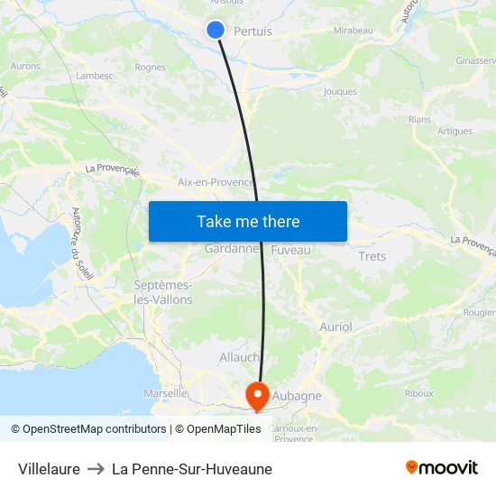 Villelaure to La Penne-Sur-Huveaune map