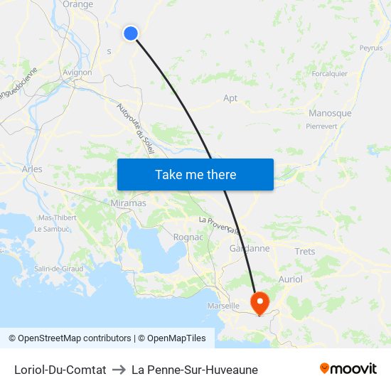 Loriol-Du-Comtat to La Penne-Sur-Huveaune map