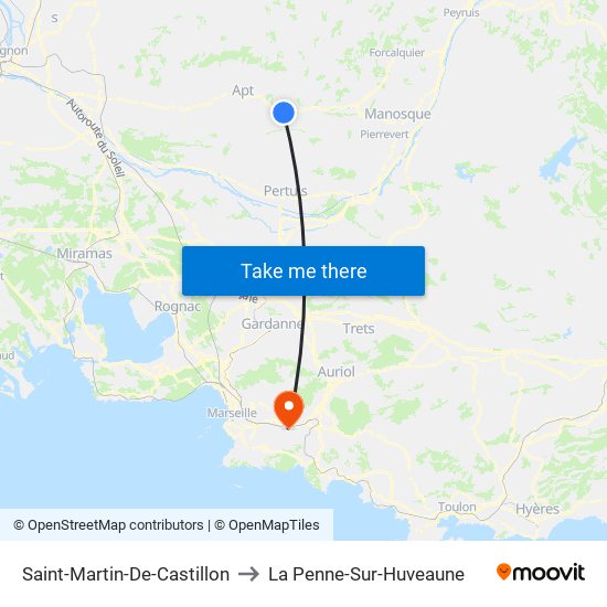 Saint-Martin-De-Castillon to La Penne-Sur-Huveaune map