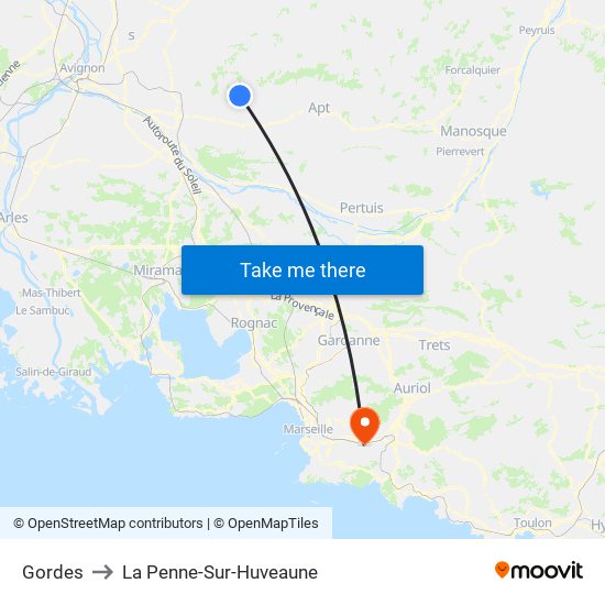 Gordes to La Penne-Sur-Huveaune map