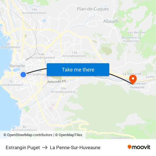 Estrangin Puget to La Penne-Sur-Huveaune map