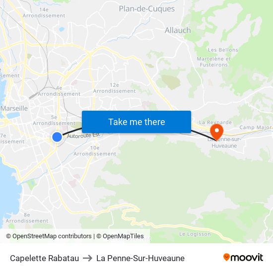 Capelette Rabatau to La Penne-Sur-Huveaune map