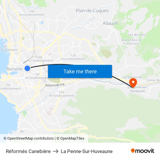 Réformés Canebière to La Penne-Sur-Huveaune map
