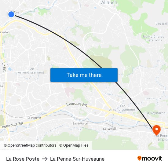 La Rose Poste to La Penne-Sur-Huveaune map