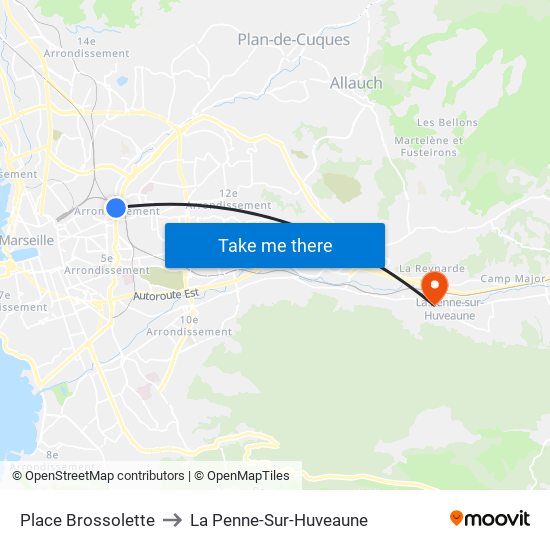 Place Brossolette to La Penne-Sur-Huveaune map