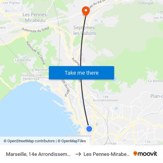 Marseille, 14e Arrondissement to Les Pennes-Mirabeau map