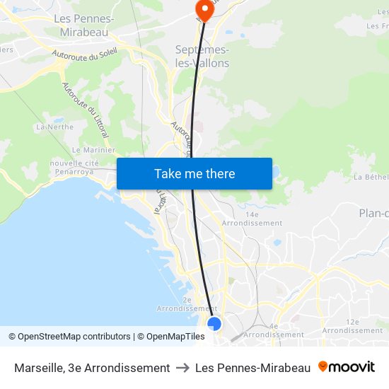 Marseille, 3e Arrondissement to Les Pennes-Mirabeau map