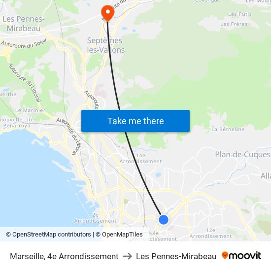 Marseille, 4e Arrondissement to Les Pennes-Mirabeau map