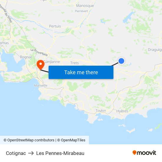 Cotignac to Les Pennes-Mirabeau map