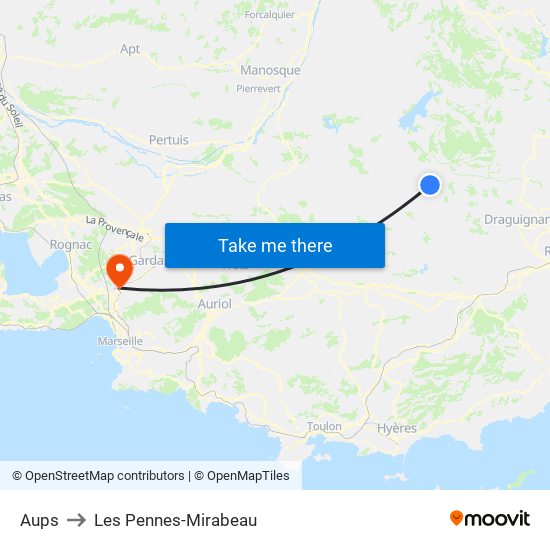 Aups to Les Pennes-Mirabeau map