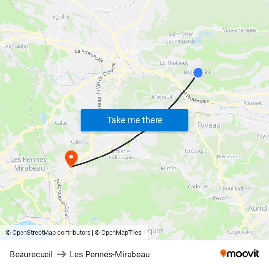 Beaurecueil to Les Pennes-Mirabeau map