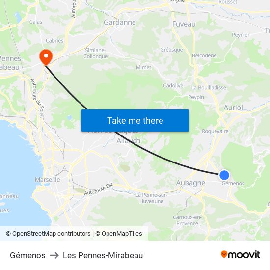 Gémenos to Les Pennes-Mirabeau map