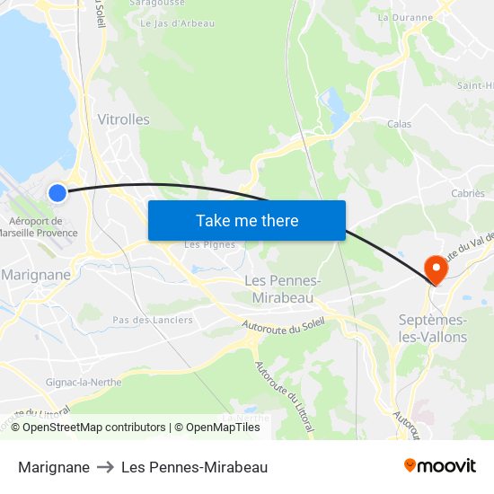 Marignane to Les Pennes-Mirabeau map