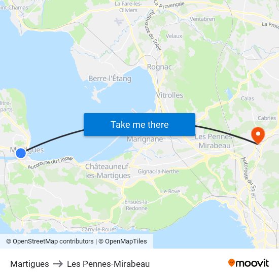 Martigues to Les Pennes-Mirabeau map