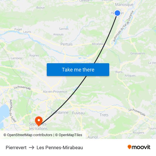 Pierrevert to Les Pennes-Mirabeau map