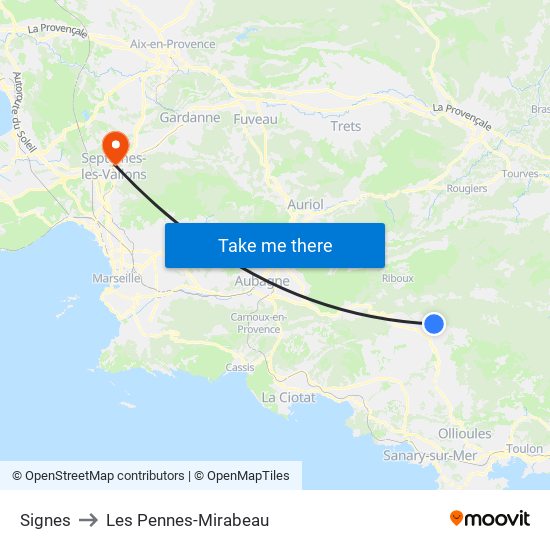 Signes to Les Pennes-Mirabeau map