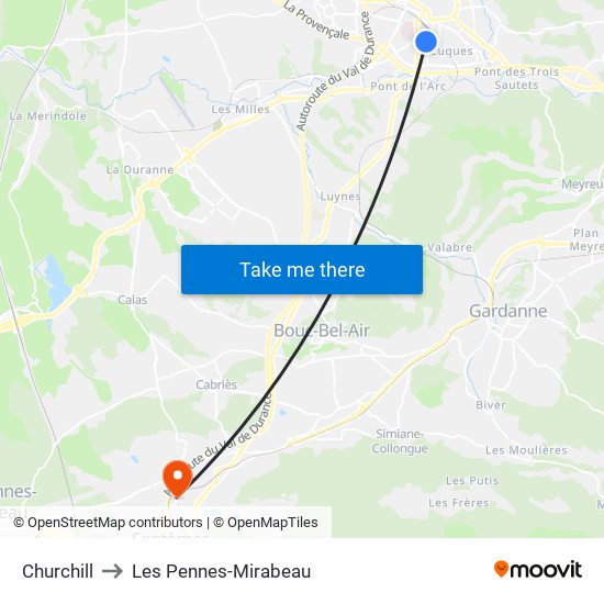 Churchill to Les Pennes-Mirabeau map