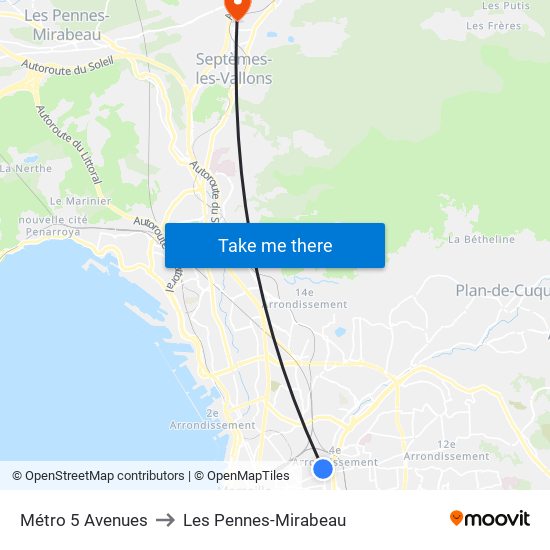 Métro 5 Avenues to Les Pennes-Mirabeau map