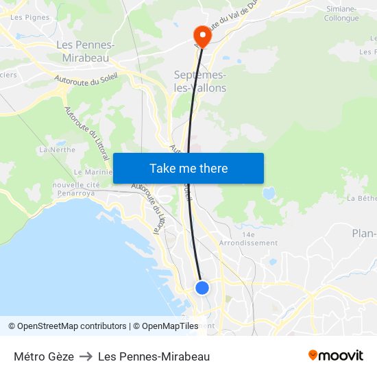 Métro Gèze to Les Pennes-Mirabeau map