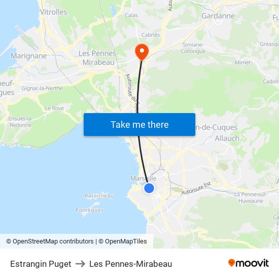 Estrangin Puget to Les Pennes-Mirabeau map