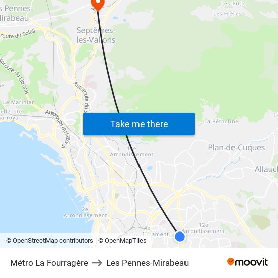 Métro La Fourragère to Les Pennes-Mirabeau map