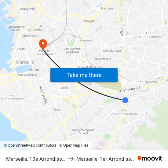 Marseille, 10e Arrondissement to Marseille, 1er Arrondissement map