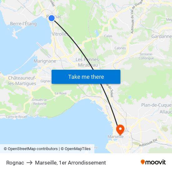 Rognac to Marseille, 1er Arrondissement map