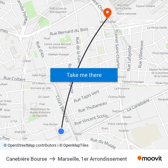 Canebière Bourse to Marseille, 1er Arrondissement map